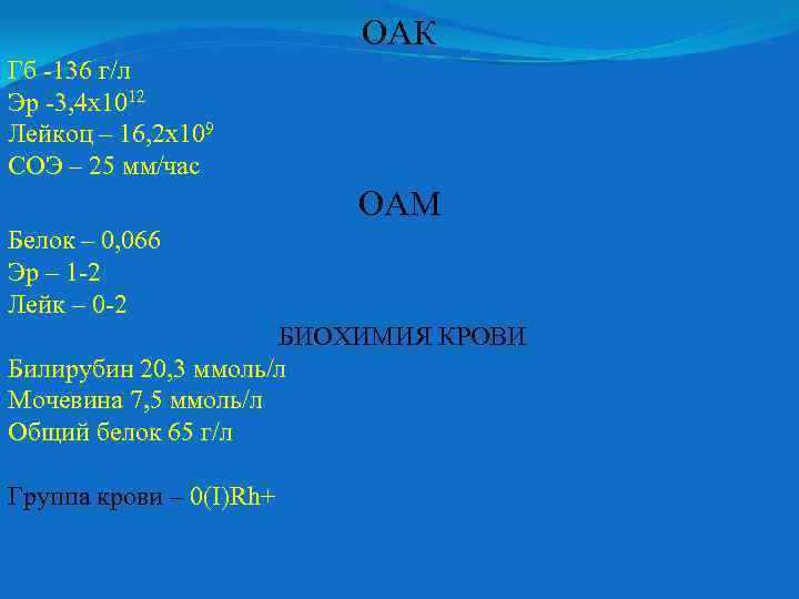 ОАК Гб -136 г/л Эр -3, 4 х1012 Лейкоц – 16, 2 х109 СОЭ