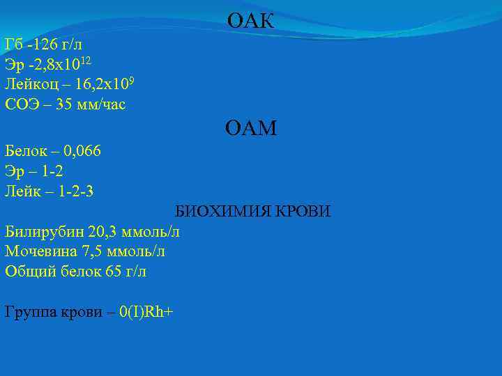ОАК Гб -126 г/л Эр -2, 8 х1012 Лейкоц – 16, 2 х109 СОЭ