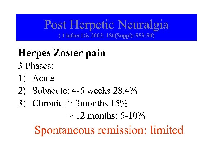 Post Herpetic Neuralgia ( J Infect Dis 2002; 186(Suppl): 983 -90) Herpes Zoster pain