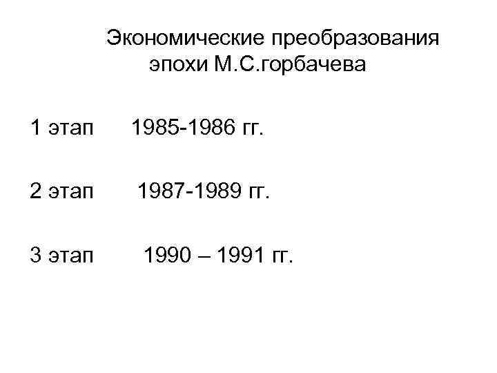 Экономические преобразования эпохи М. С. горбачева 1 этап 1985 -1986 гг. 2 этап 1987