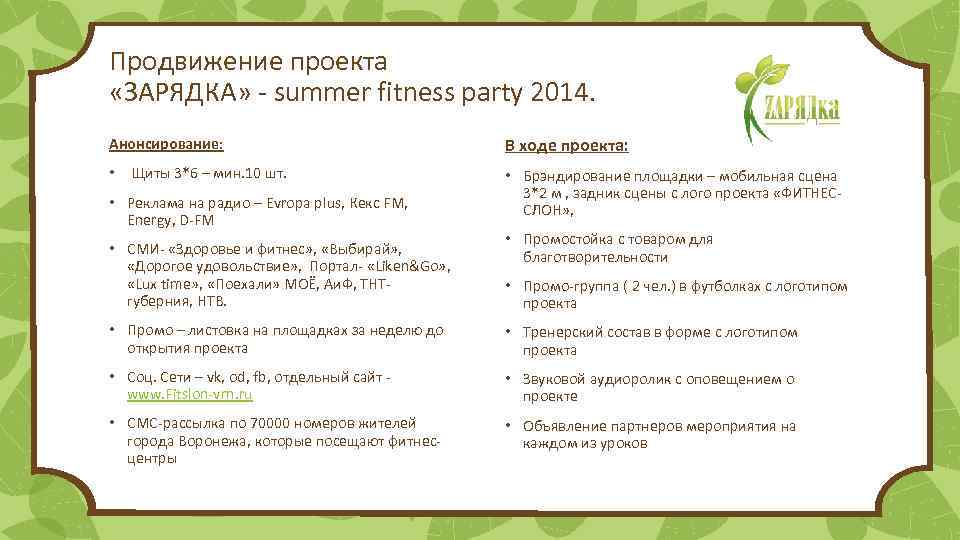 Продвижение проекта «ЗАРЯДКА» - summer fitness party 2014. Анонсирование: В ходе проекта: • Щиты