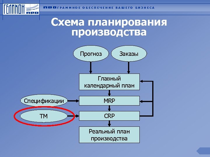 ГРАММНОЕ ОБЕСПЕЧЕНИЕ ВАШЕГО БИЗНЕСА Схема планирования производства Прогноз Заказы Главный календарный план Спецификации MRP