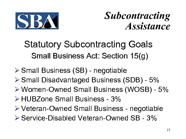 Subcontracting Assistance Statutory Subcontracting Goals Small Business Act: Section 15(g) Ø Small Business (SB)