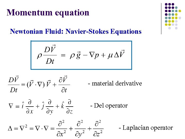 Momentum equation Newtonian Fluid: Navier-Stokes Equations - material derivative - Del operator - Laplacian