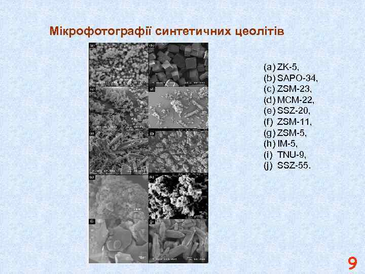 Мікрофотографії синтетичних цеолітів (a) ZK-5, (b) SAPO-34, (c) ZSM-23, (d) MCM-22, (e) SSZ-20, (f)