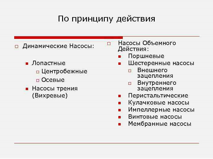 По принципу действия o Динамические Насосы: n n Лопастные o Центробежные o Осевые Насосы