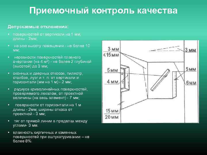 Приемочный контроль качества Допускаемые отклонения: • поверхностей от вертикали на 1 мм, длины -