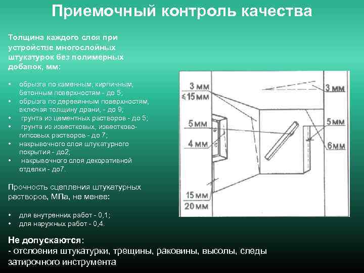 Приемочный контроль качества Толщина каждого слоя при устройстве многослойных штукатурок без полимерных добавок, мм: