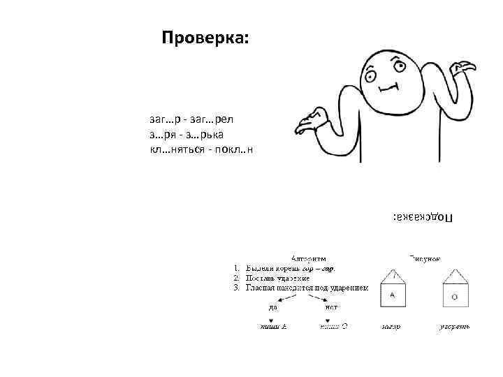 Проверка: заг…р - заг…рел з…ря - з…рька кл…няться - покл. . н Подсказка: 