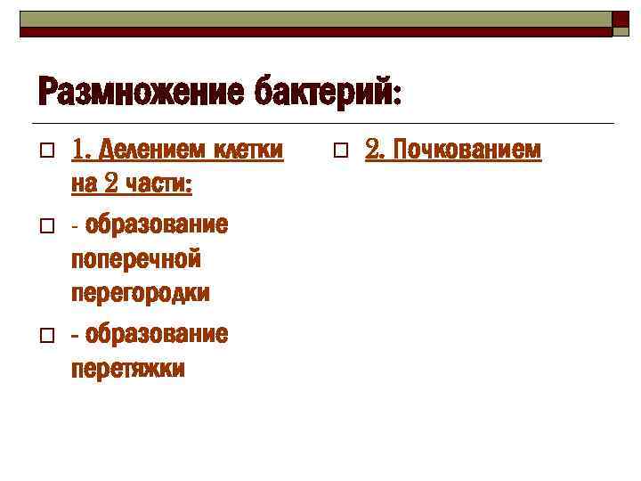 Размножение бактерий: o o o 1. Делением клетки на 2 части: - образование поперечной