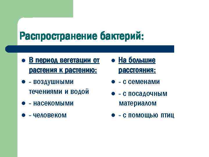 Распространение бактерий: l l В период вегетации от растения к растению: - воздушными течениями