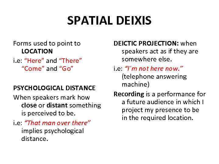 SPATIAL DEIXIS Forms used to point to LOCATION i. e: “Here” and “There” “Come”