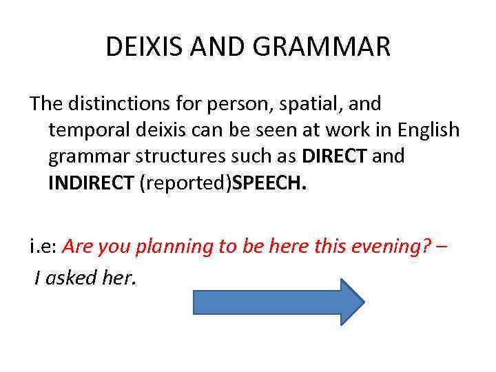 DEIXIS AND GRAMMAR The distinctions for person, spatial, and temporal deixis can be seen