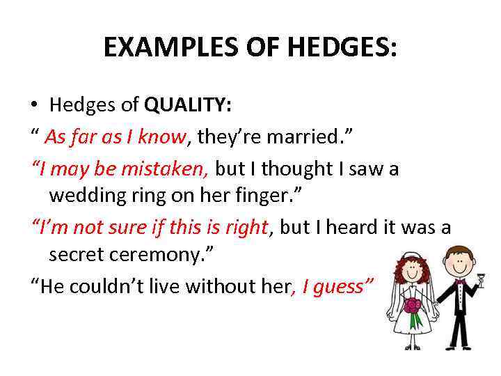 EXAMPLES OF HEDGES: • Hedges of QUALITY: “ As far as I know, they’re