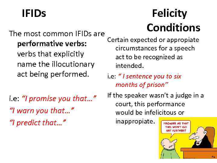 IFIDs Felicity Conditions The most common IFIDs are Certain expected or appropiate performative verbs: