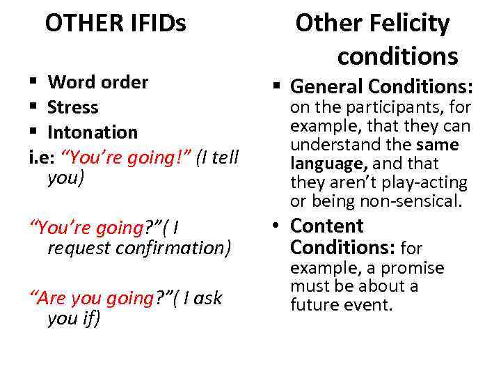 OTHER IFIDs Other Felicity conditions § Word order § Stress § Intonation i. e: