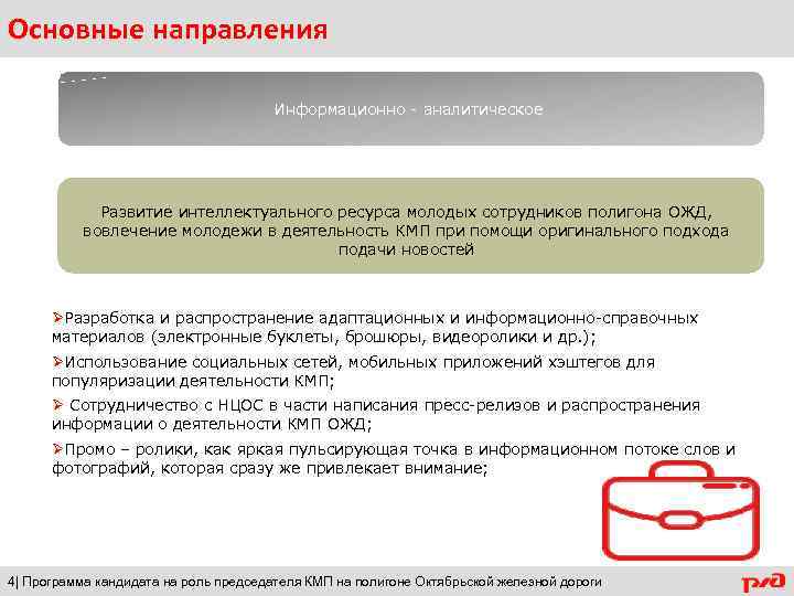 Основные направления Информационно - аналитическое Развитие интеллектуального ресурса молодых сотрудников полигона ОЖД, вовлечение молодежи