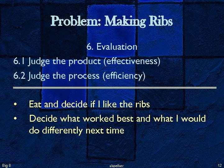 Problem: Making Ribs 6. Evaluation 6. 1 Judge the product (effectiveness) 6. 2 Judge