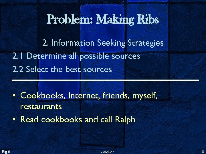 Problem: Making Ribs 2. Information Seeking Strategies 2. 1 Determine all possible sources 2.
