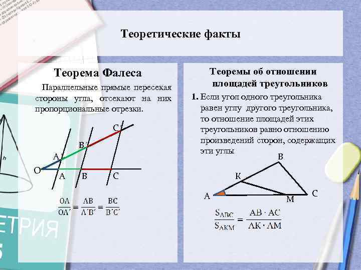 Теоретические факты Теорема Фалеса Параллельные прямые пересекая стороны угла, отсекают на них пропорциональные отрезки.