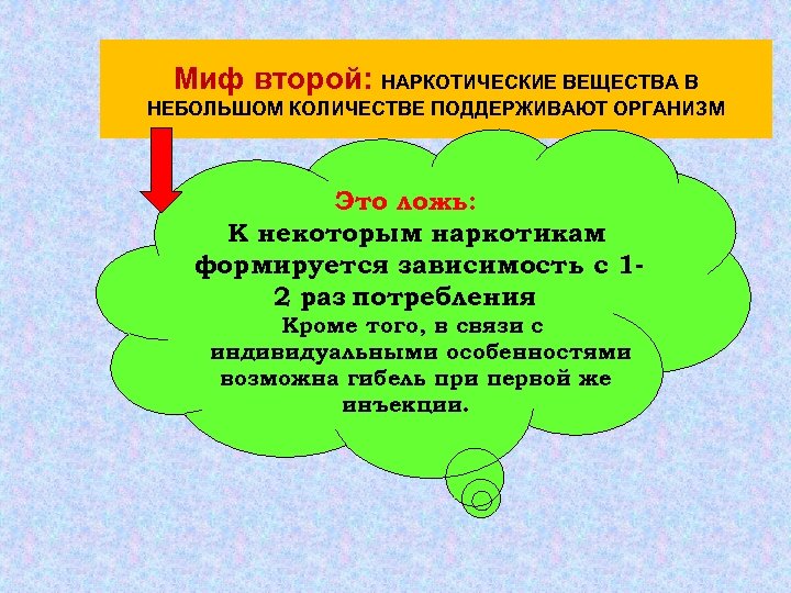 Миф второй: НАРКОТИЧЕСКИЕ ВЕЩЕСТВА В НЕБОЛЬШОМ КОЛИЧЕСТВЕ ПОДДЕРЖИВАЮТ ОРГАНИЗМ Это ложь: К некоторым наркотикам
