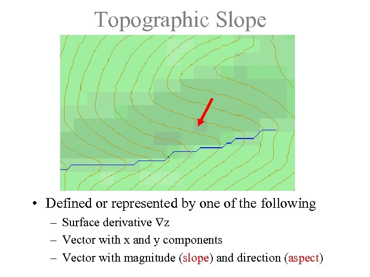 Topographic Slope • Defined or represented by one of the following – Surface derivative
