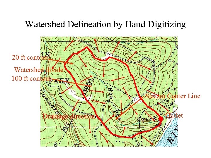 Watershed Delineation by Hand Digitizing 20 ft contour Watershed divide 100 ft contour Stream