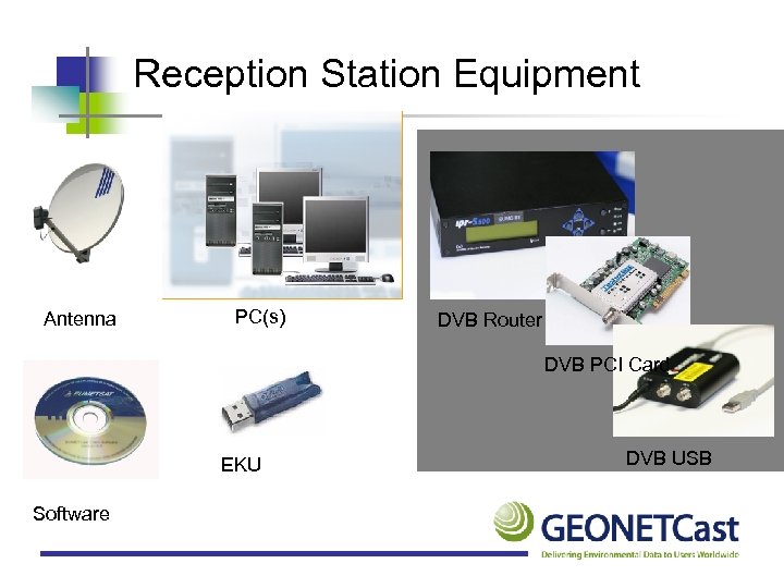 Reception Station Equipment Antenna PC(s) DVB Router DVB PCI Card EKU Software DVB USB