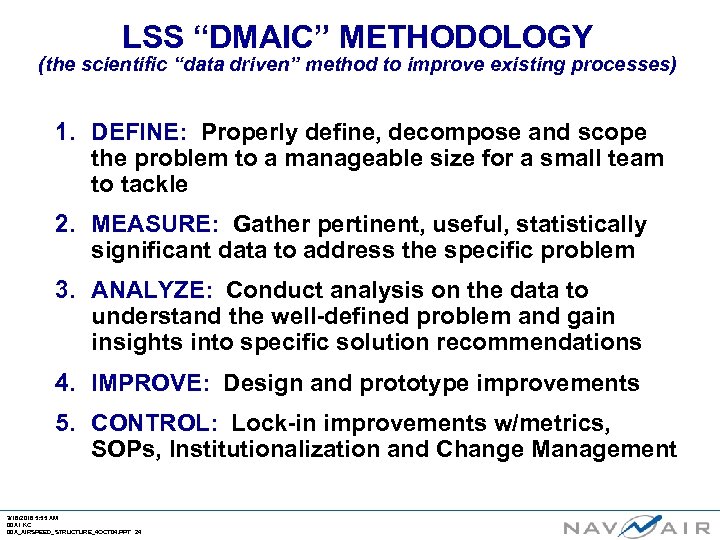 LSS “DMAIC” METHODOLOGY (the scientific “data driven” method to improve existing processes) 1. DEFINE: