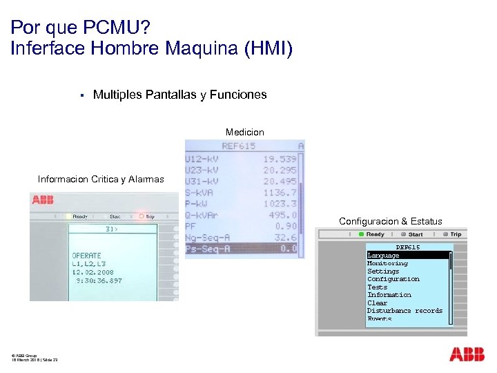 Por que PCMU? Inferface Hombre Maquina (HMI) § Multiples Pantallas y Funciones Medicion Informacion