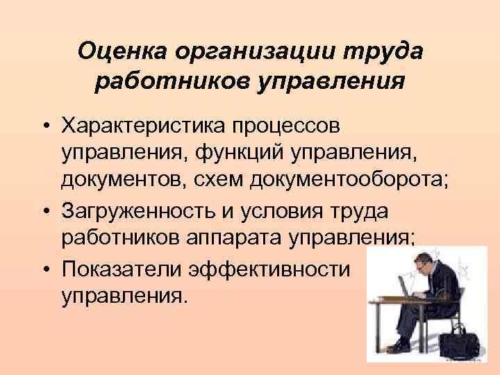 Оценка организации труда работников управления • Характеристика процессов управления, функций управления, документов, схем документооборота;