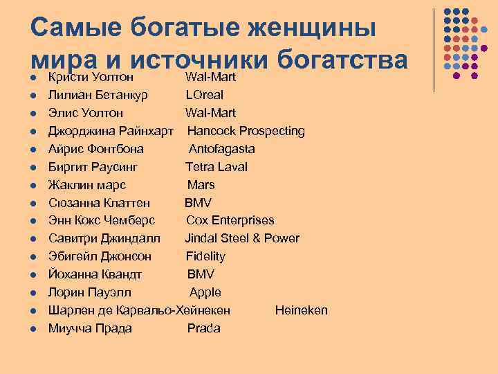 Самые богатые женщины мира и источники богатства Кристи Уолтон Wal-Mart l l l l