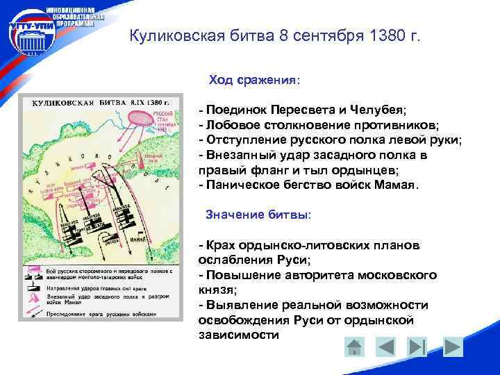 Куликовская битва 8 сентября 1380 г. Ход сражения: - Поединок Пересвета и Челубея; -