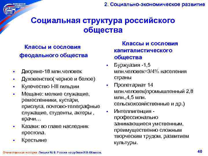 2. Социально-экономическое развитие Социальная структура российского общества Классы и сословия капиталистического общества Классы и