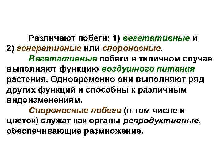 Различают побеги: 1) вегетативные и 2) генеративные или спороносные. Вегетативные побеги в типичном случае