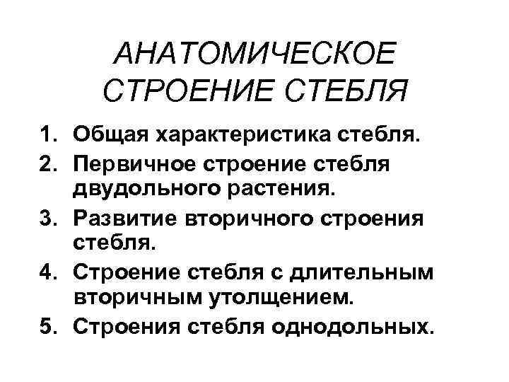 АНАТОМИЧЕСКОЕ СТРОЕНИЕ СТЕБЛЯ 1. Общая характеристика стебля. 2. Первичное строение стебля двудольного растения. 3.