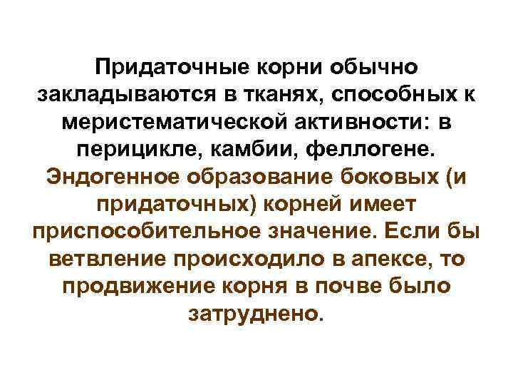 Придаточные корни обычно закладываются в тканях, способных к меристематической активности: в перицикле, камбии, феллогене.