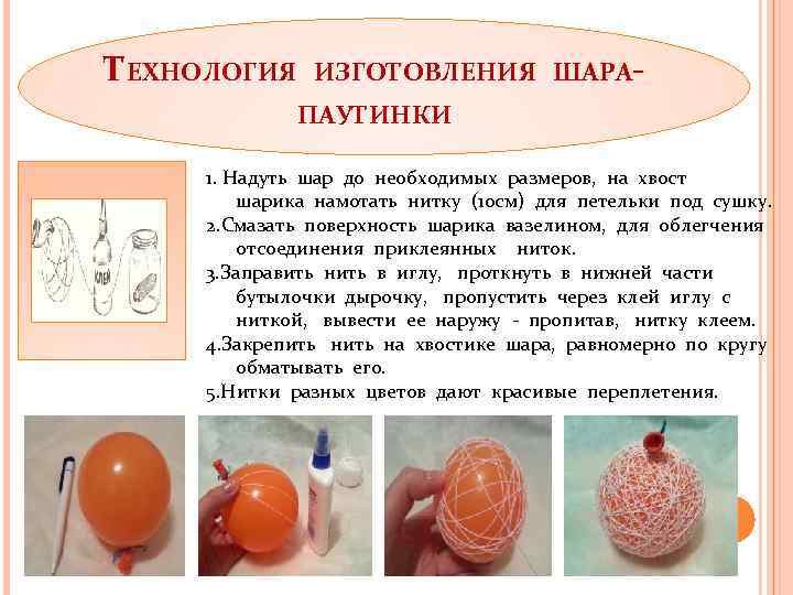 ТЕХНОЛОГИЯ ИЗГОТОВЛЕНИЯ ШАРАПАУТИНКИ 1. Надуть шар до необходимых размеров, на хвост шарика намотать нитку