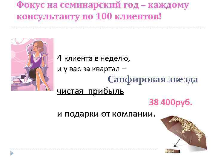 Фокус на семинарский год – каждому консультанту по 100 клиентов! 4 клиента в неделю,
