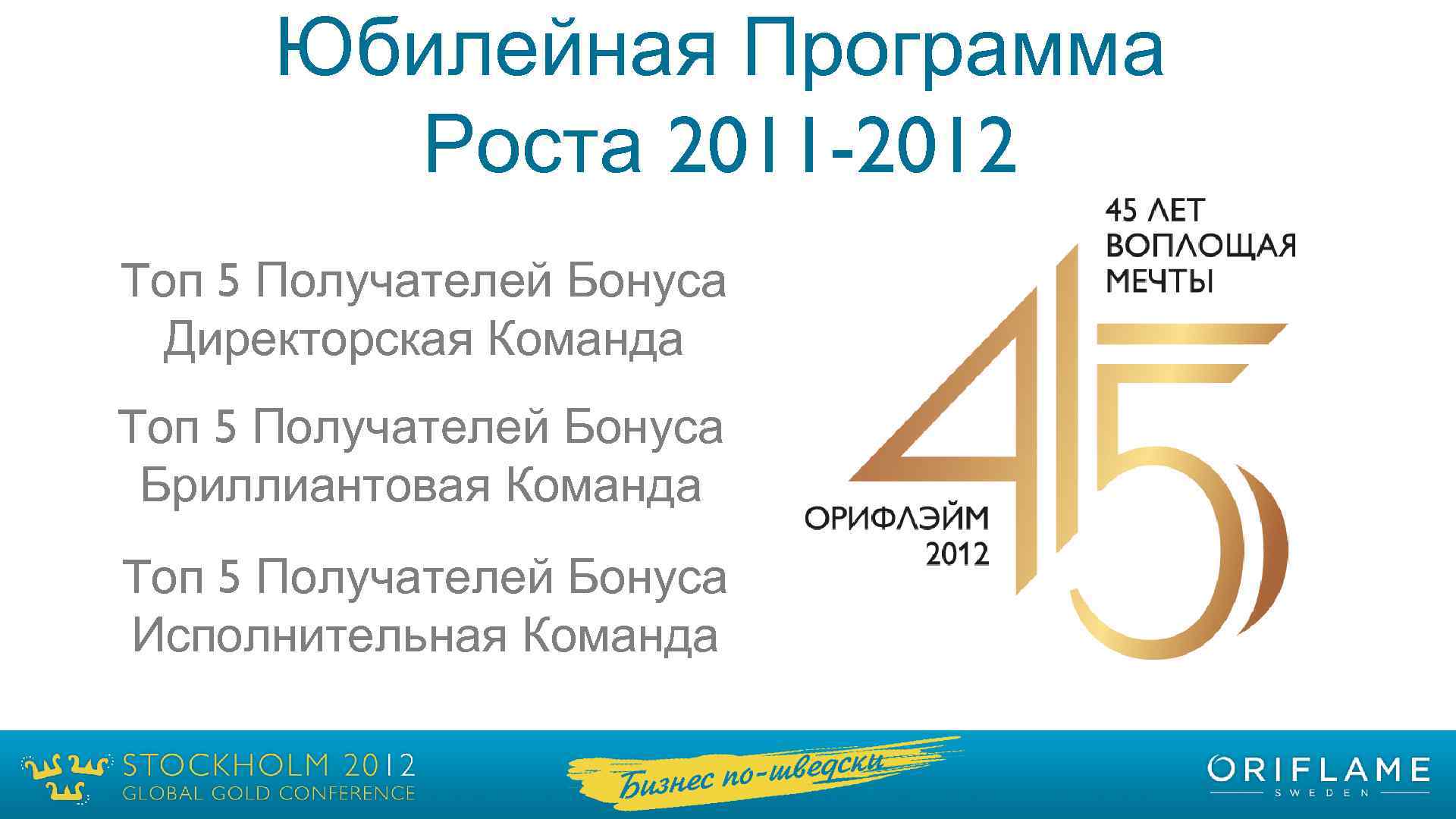 Юбилейная Программа Роста 2011 -2012 Tоп 5 Получателей Бонуса Директорская Команда Tоп 5 Получателей