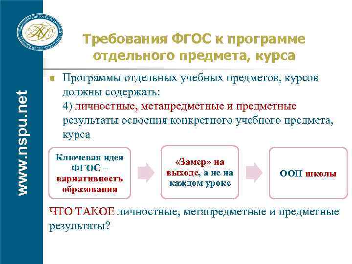 Требования ФГОС к программе отдельного предмета, курса www. nspu. net n Программы отдельных учебных