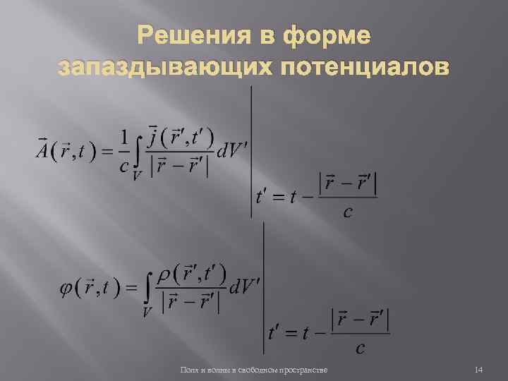 Решения в форме запаздывающих потенциалов Поля и волны в свободном пространстве 14 