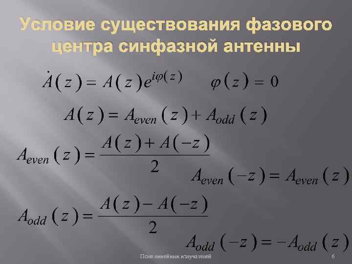 Условие существования фазового центра синфазной антенны Поле линейных излучателей 6 