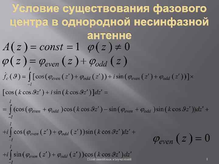 Условие существования фазового центра в однородной несинфазной антенне Поле линейных излучателей 8 