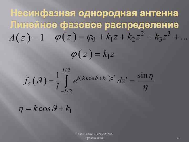 Несинфазная однородная антенна Линейное фазовое распределение Поле линейных излучателей (продолжение) 13 