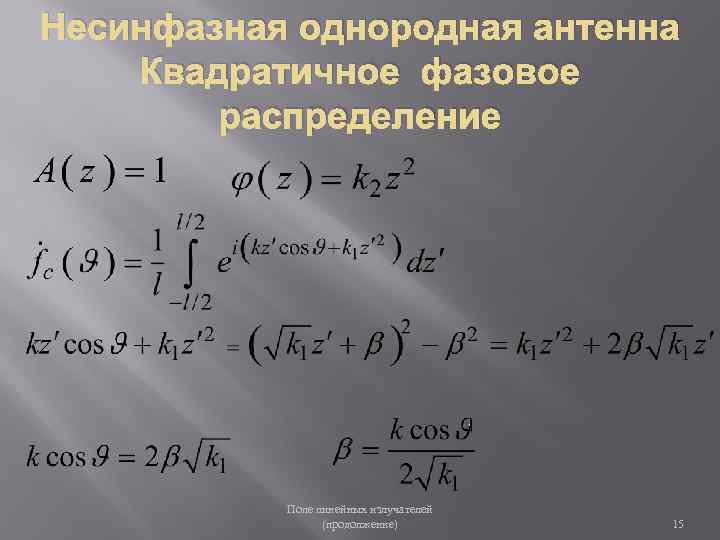 Несинфазная однородная антенна Квадратичное фазовое распределение Поле линейных излучателей (продолжение) 15 