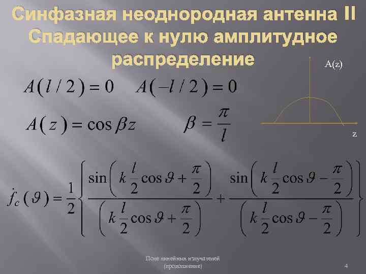 Синфазная неоднородная антенна II Спадающее к нулю амплитудное распределение A(z) z Поле линейных излучателей