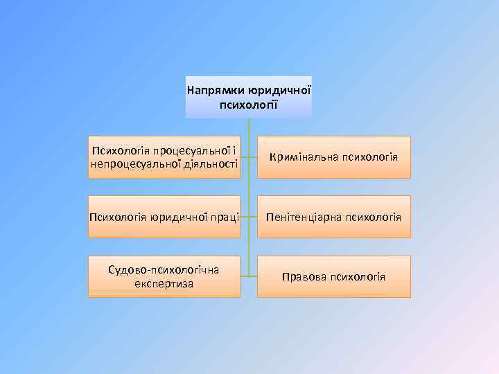 Напрямки юридичної психології Психологія процесуальної і непроцесуальної діяльності Кримінальна психологія Психологія юридичної праці Пенітенціарна