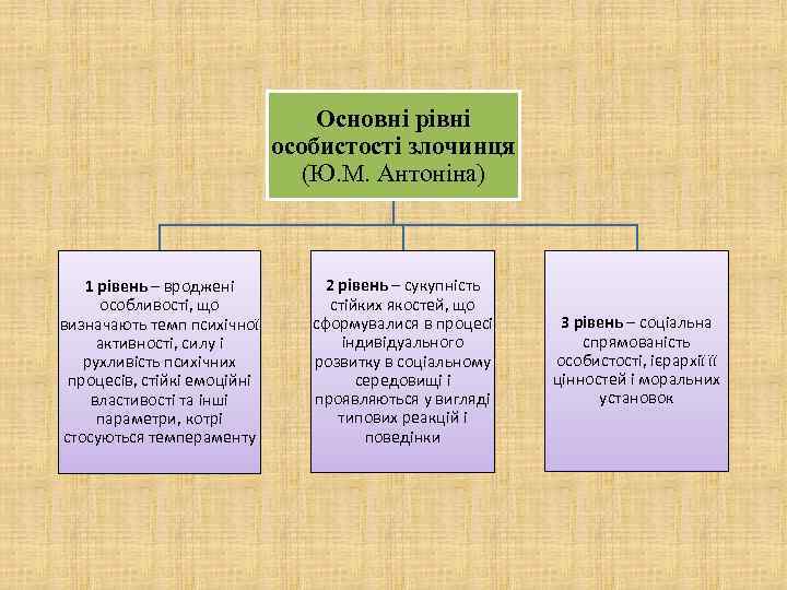 Основні рівні особистості злочинця (Ю. М. Антоніна) 1 рівень – вроджені особливості, що визначають