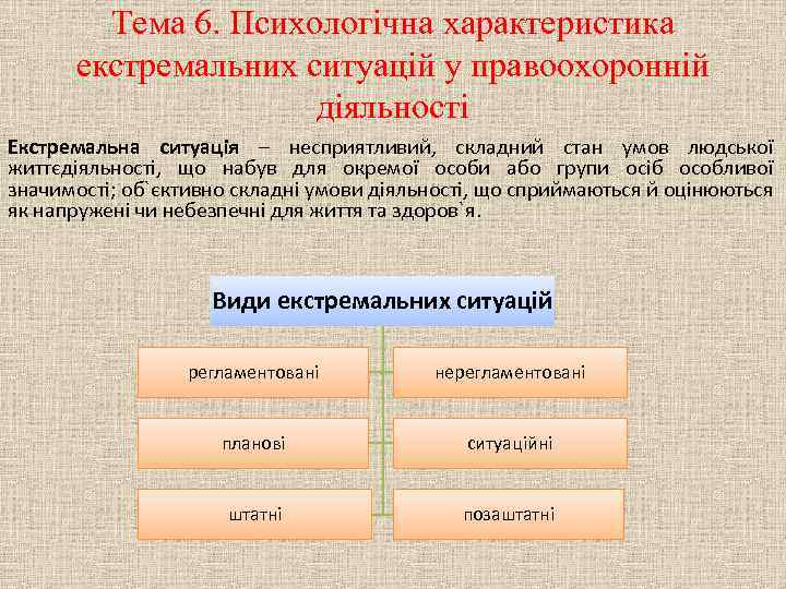 Тема 6. Психологічна характеристика екстремальних ситуацій у правоохоронній діяльності Екстремальна ситуація – несприятливий, складний